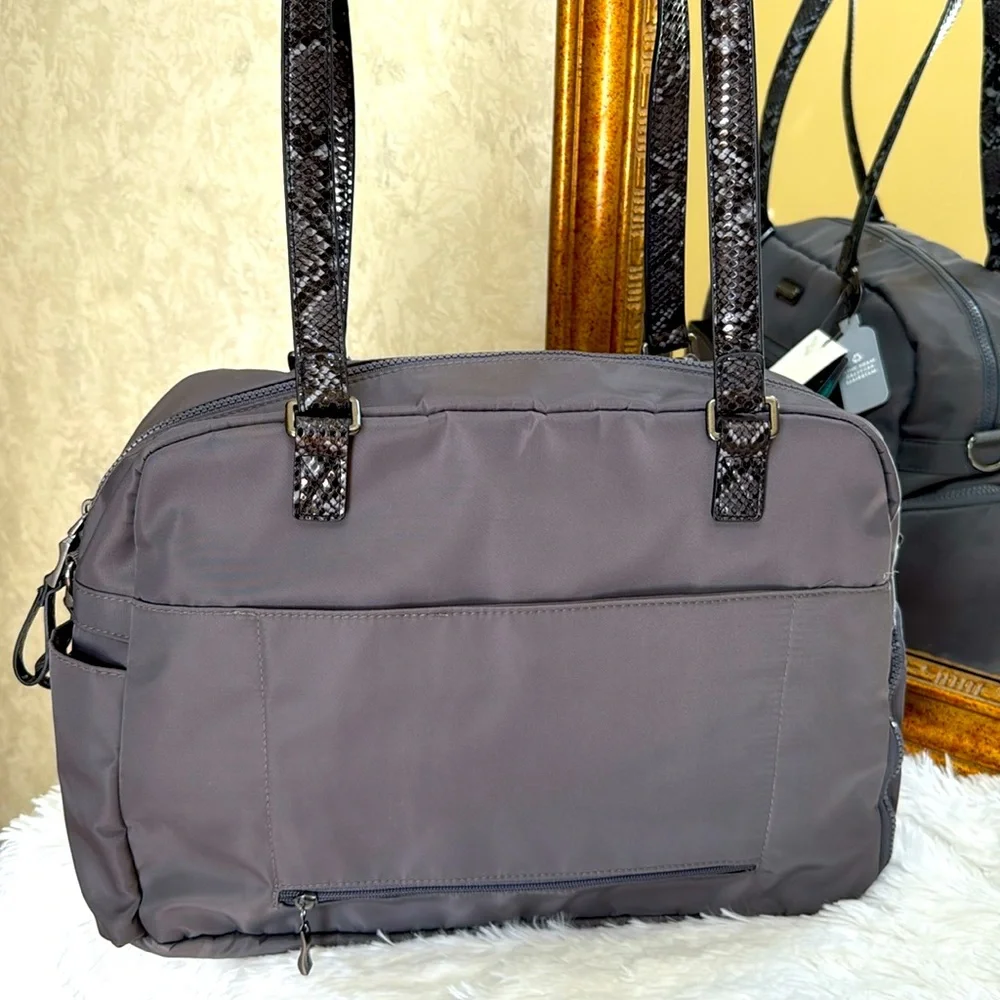 New Baggallini Fifth Avenue Weekender Bag. Gray w/snakeskin look handles & trim